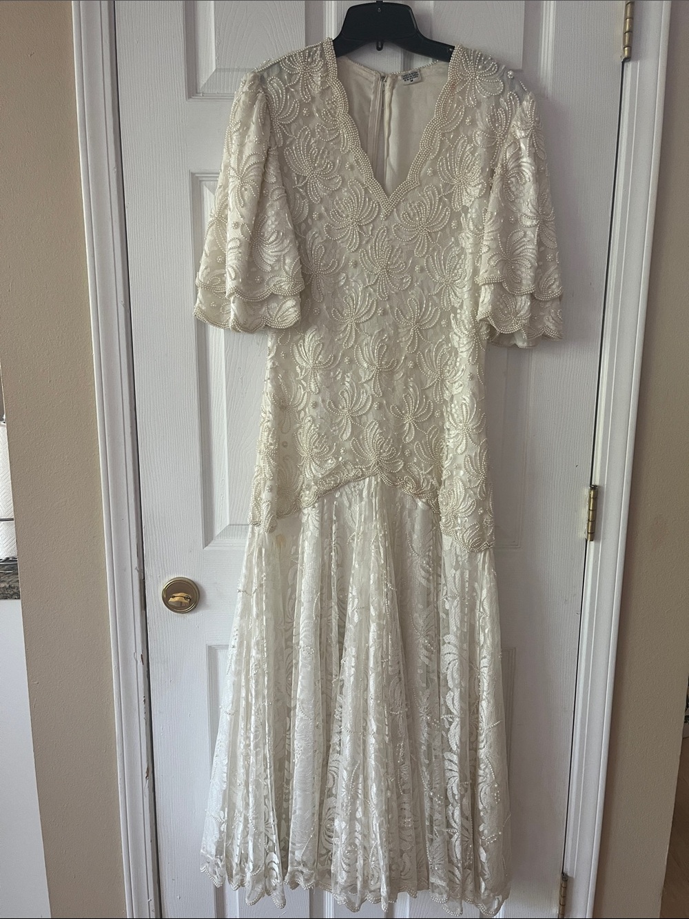 Laurence Kazar Cream Lace V-Neck Midi Dress with Puff Sleeves and pearl embroide
